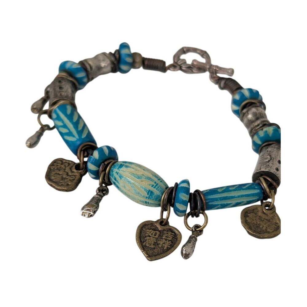 Vtge Tibetan Clay beads with charms with toggle clasp 8.25" Ethnic,Hippie, OOAk